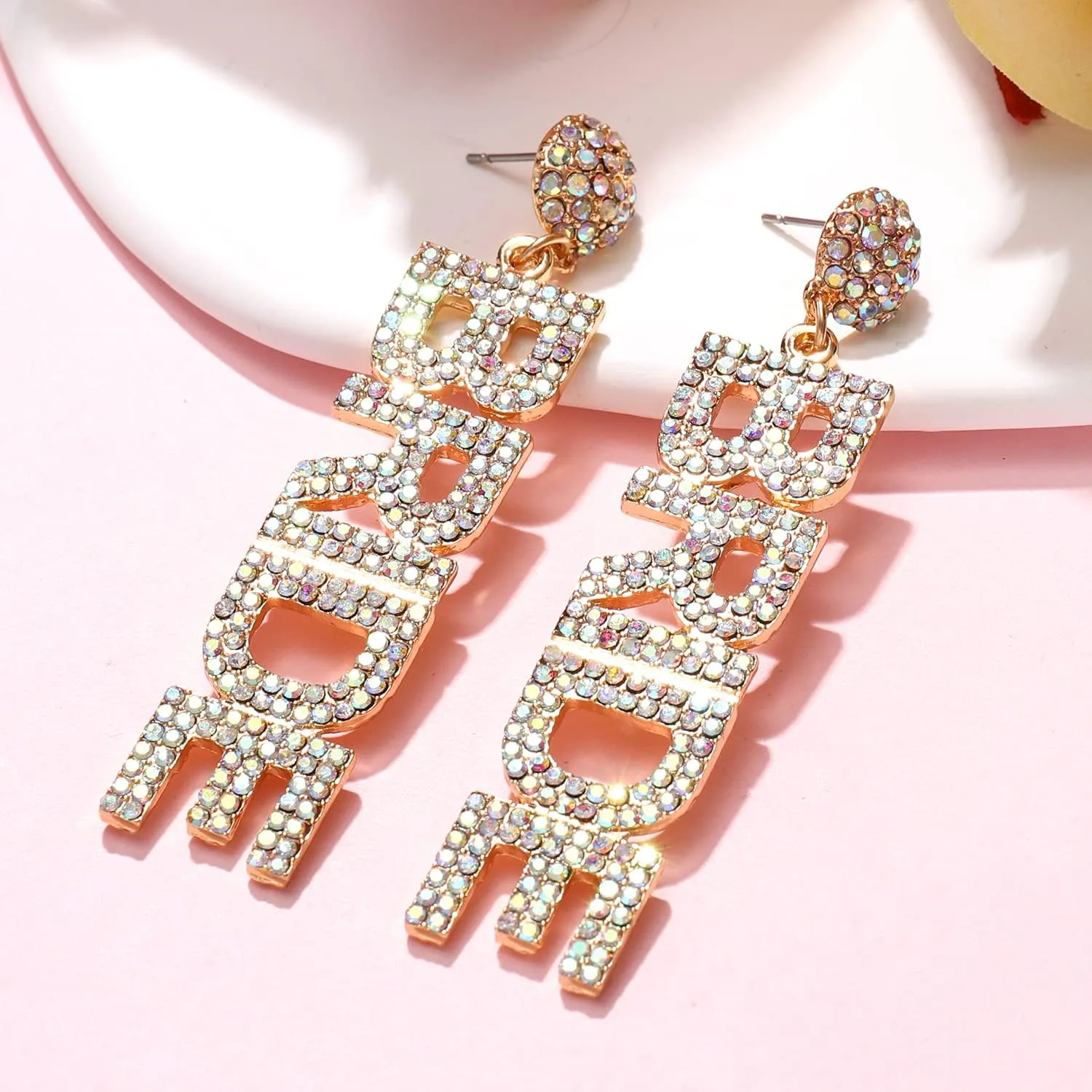 Rhinestone Bride Earrings for Women Elegant Wedding Bridal Dangle Earrings Statement Letter Earrings Dainty Wedding Bachelorette Party Jewelry Gift