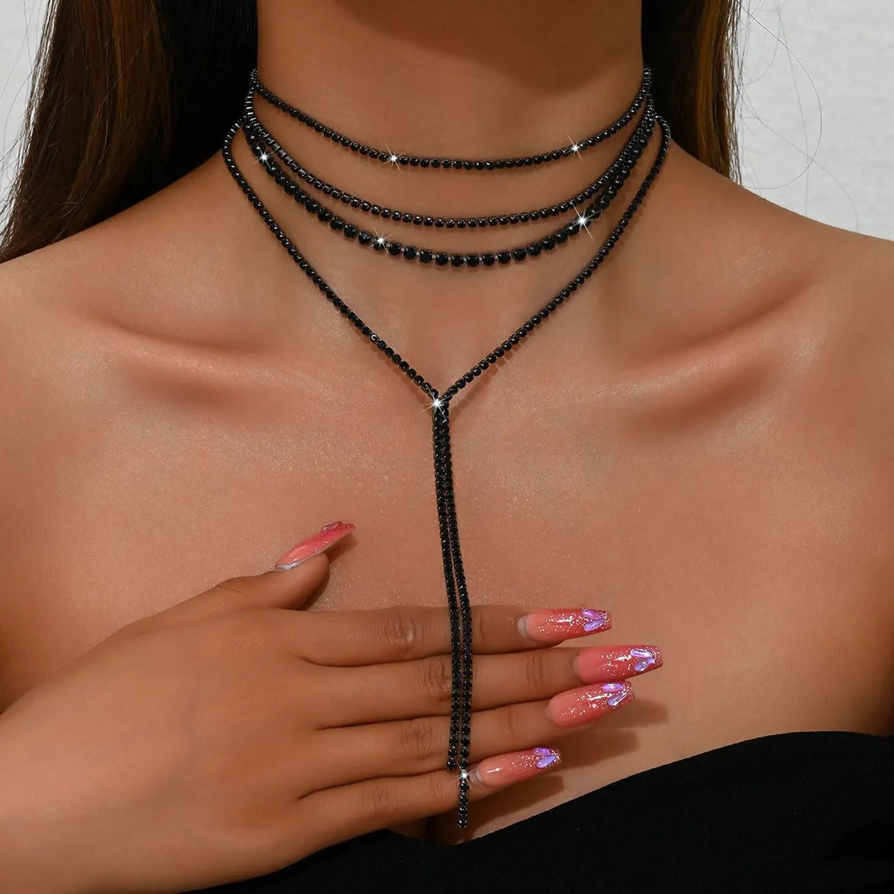 Rhinestone Choker Necklace for Women Silver Black Rhinestone Layered Y Neckalces Layered Choker Neckalces Dainty Fashion Long Tassel Neckalce for Women