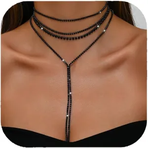 Rhinestone Choker Necklace for Women Silver Black Rhinestone Layered Y Neckalces Layered Choker Neckalces Dainty Fashion Long Tassel Neckalce for Women