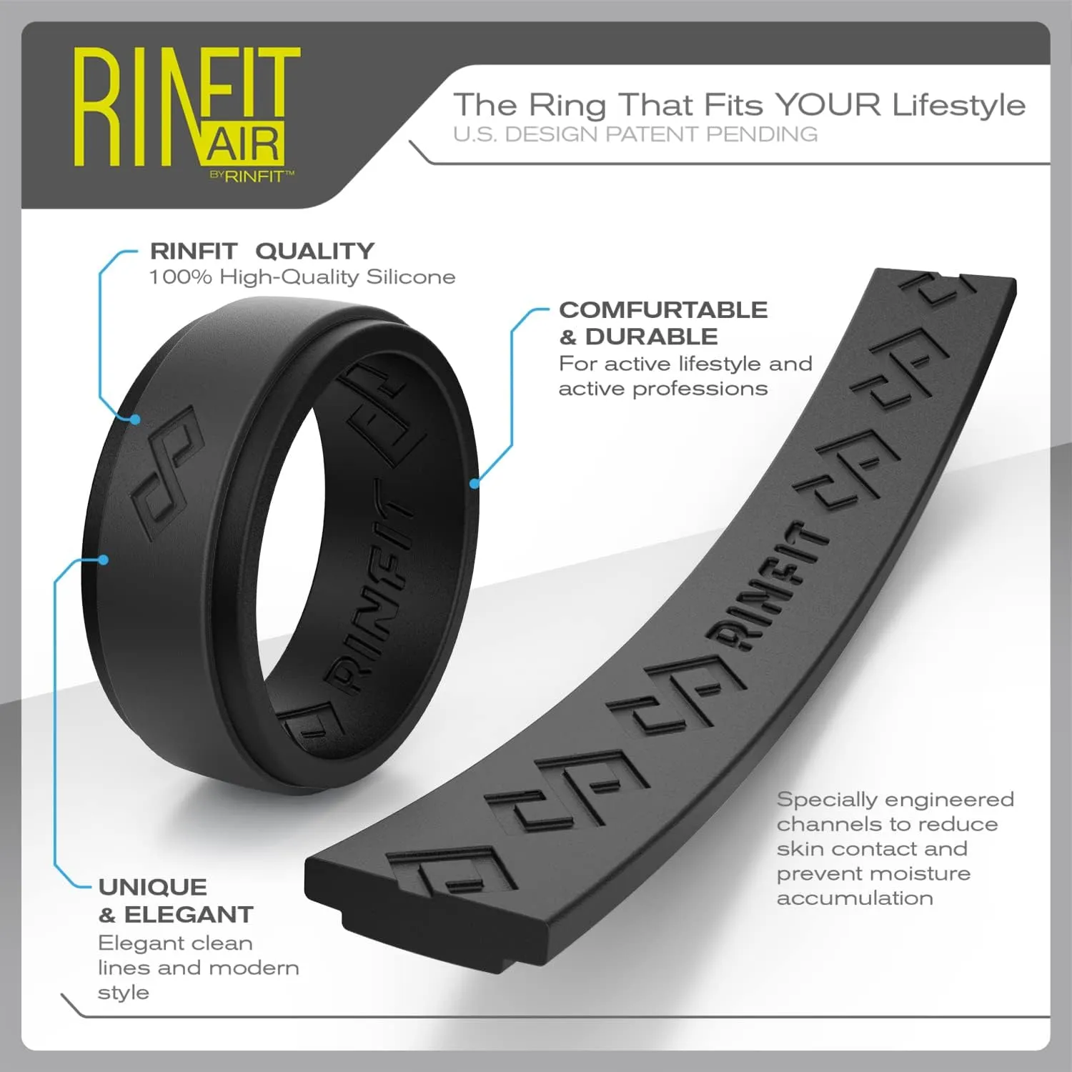 Rinfit Silicone Rings for Men 9mm Wide, 2mm Thick - Mens Rubber Wedding Bands - Infinity Ring with 2 Layers - Patented Design