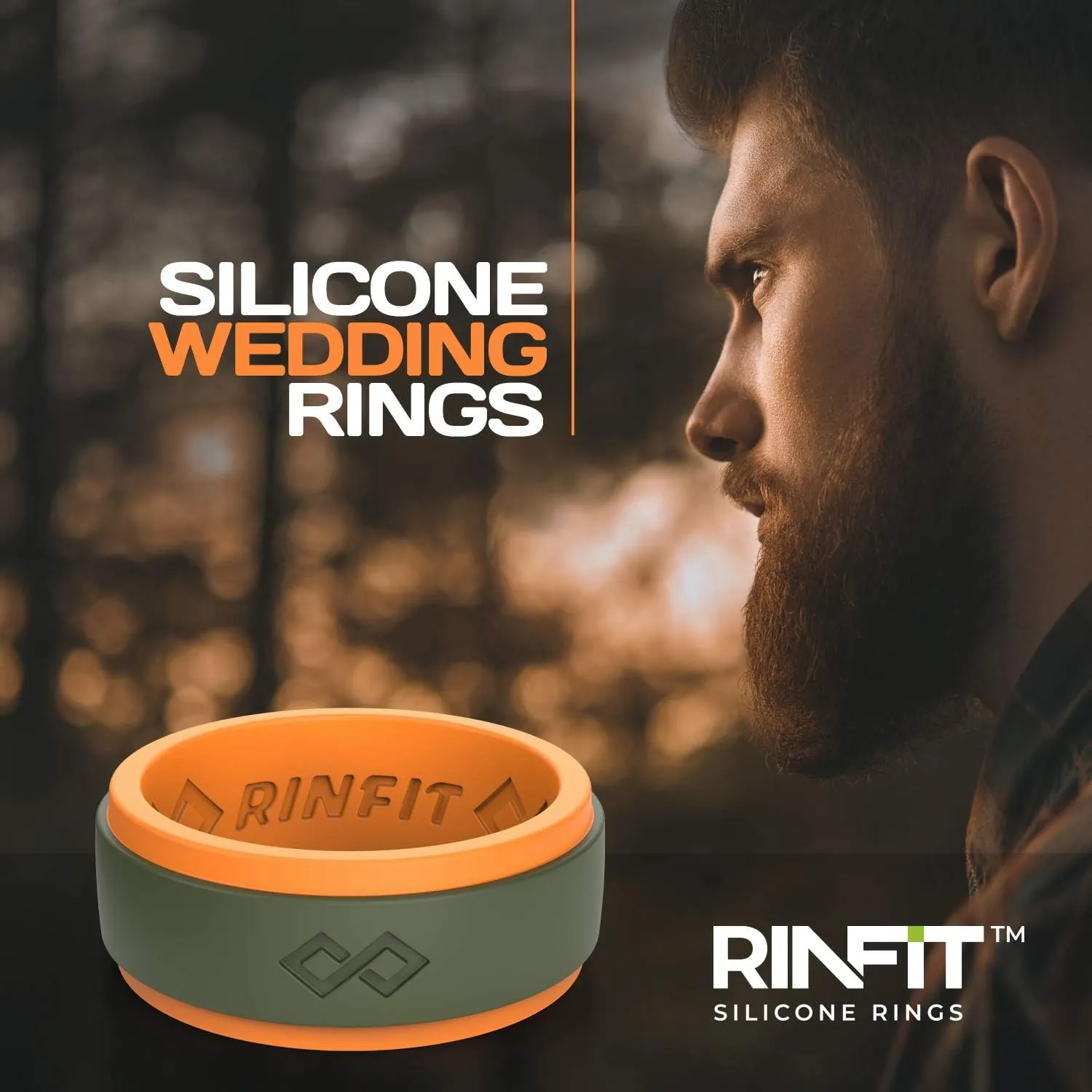 Rinfit Silicone Rings for Men 9mm Wide, 2mm Thick - Mens Rubber Wedding Bands - Infinity Ring with 2 Layers - Patented Design