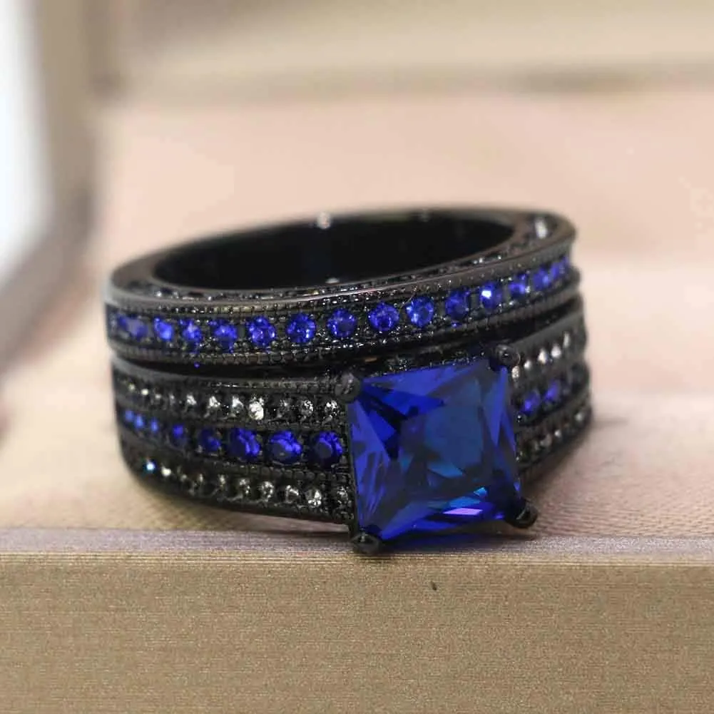 ringheart 2 Rings Luxury Couple Rings Black Gold Filled Princess Cut Blue Cz Womens Wedding Ring Sets Man Tungsten Wedding Band (Please Buy Two Rings for one Pair)