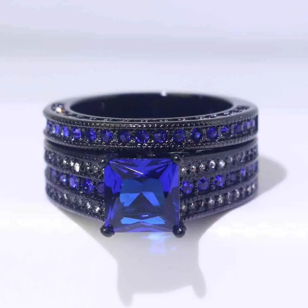 ringheart 2 Rings Luxury Couple Rings Black Gold Filled Princess Cut Blue Cz Womens Wedding Ring Sets Man Tungsten Wedding Band (Please Buy Two Rings for one Pair)