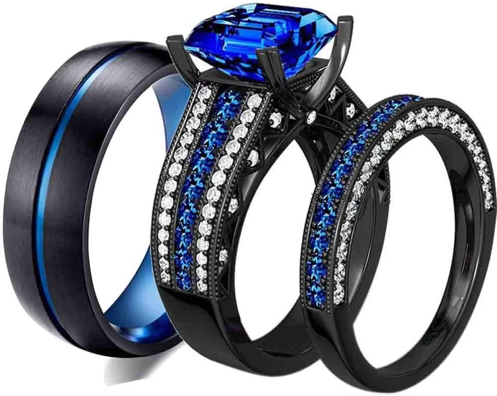 ringheart 2 Rings Luxury Couple Rings Black Gold Filled Princess Cut Blue Cz Womens Wedding Ring Sets Man Tungsten Wedding Band (Please Buy Two Rings for one Pair)