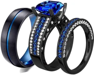 ringheart 2 Rings Luxury Couple Rings Black Gold Filled Princess Cut Blue Cz Womens Wedding Ring Sets Man Tungsten Wedding Band (Please Buy Two Rings for one Pair)
