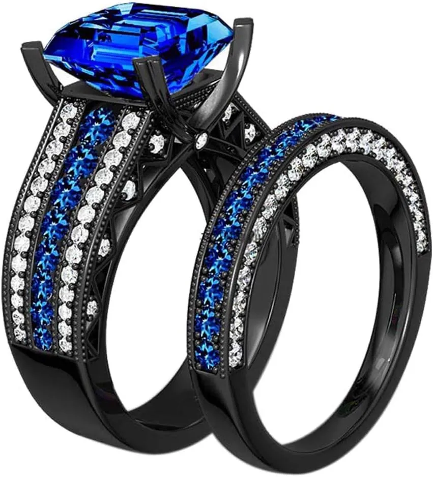 ringheart 2 Rings Luxury Couple Rings Black Gold Filled Princess Cut Blue Cz Womens Wedding Ring Sets Man Tungsten Wedding Band (Please Buy Two Rings for one Pair)