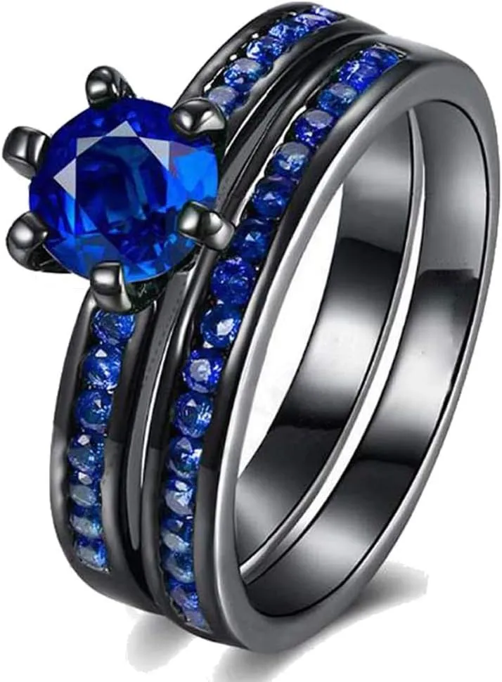 ringheart Couple Rings Black Gold Filled Round Cut Blue Cz Womens Wedding Ring Sets Matte Titanium Man Wedding Band (Please Buy 2 Rings for 1 Pair)