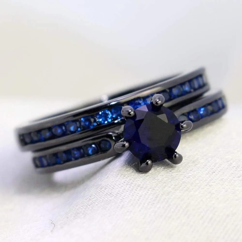 ringheart Couple Rings Black Gold Filled Round Cut Blue Cz Womens Wedding Ring Sets Matte Titanium Man Wedding Band (Please Buy 2 Rings for 1 Pair)