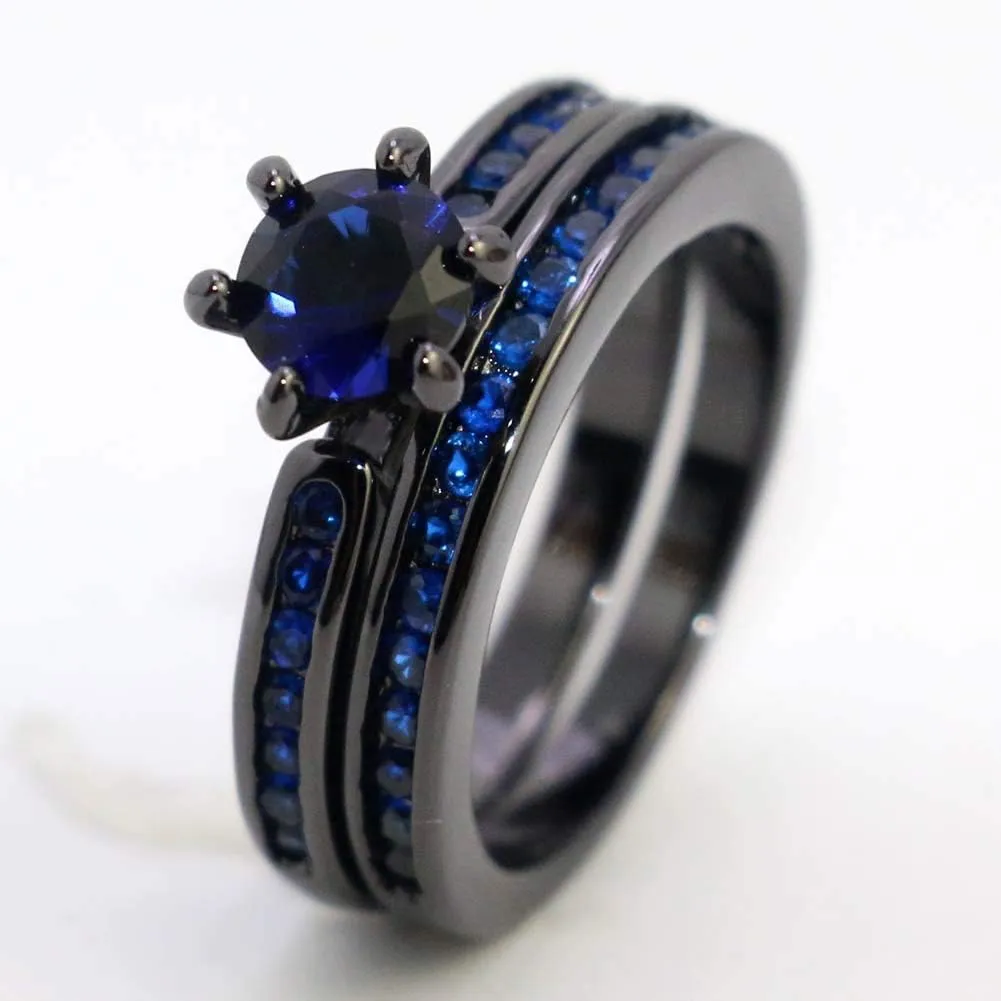 ringheart Couple Rings Black Gold Filled Round Cut Blue Cz Womens Wedding Ring Sets Matte Titanium Man Wedding Band (Please Buy 2 Rings for 1 Pair)