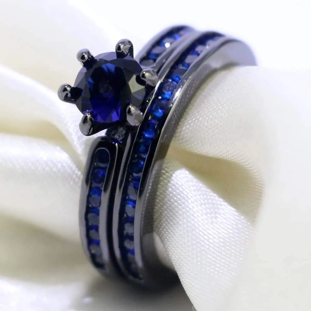 ringheart Couple Rings Black Gold Filled Round Cut Blue Cz Womens Wedding Ring Sets Matte Titanium Man Wedding Band (Please Buy 2 Rings for 1 Pair)
