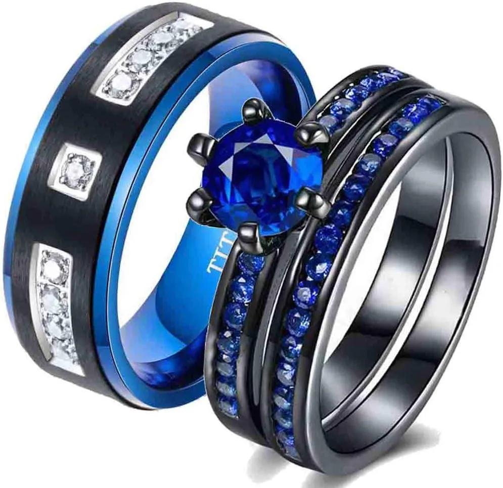 ringheart Couple Rings Black Gold Filled Round Cut Blue Cz Womens Wedding Ring Sets Matte Titanium Man Wedding Band (Please Buy 2 Rings for 1 Pair)