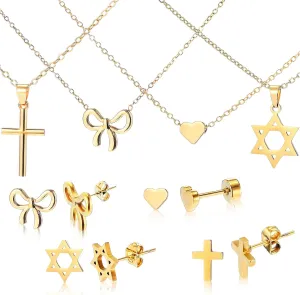 ROCEEI 4 Set Gold Plated Jewelry Set for Women Cross Heart Star of David Bowknot Necklace Earrings Set for Mother's Day Valentine Anniversary Birthday Friendship Wedding Jewelry Gift