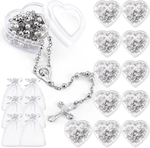 ROCEEI Catholic Rosary Necklace 4 mm Glass Beads Rosary Favors Crucifix Prayer with Faux Pearl with Heart Shaped Box and Organza Bag for First Communion Baptism