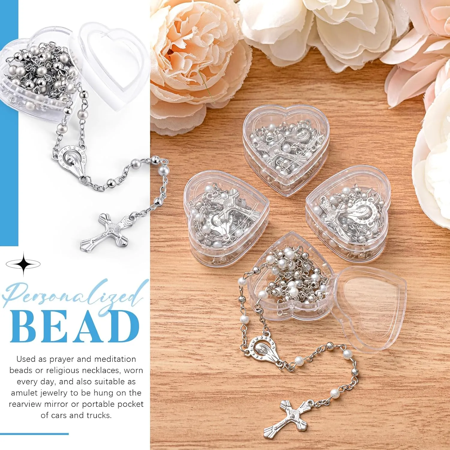 ROCEEI Catholic Rosary Necklace 4 mm Glass Beads Rosary Favors Crucifix Prayer with Faux Pearl with Heart Shaped Box and Organza Bag for First Communion Baptism