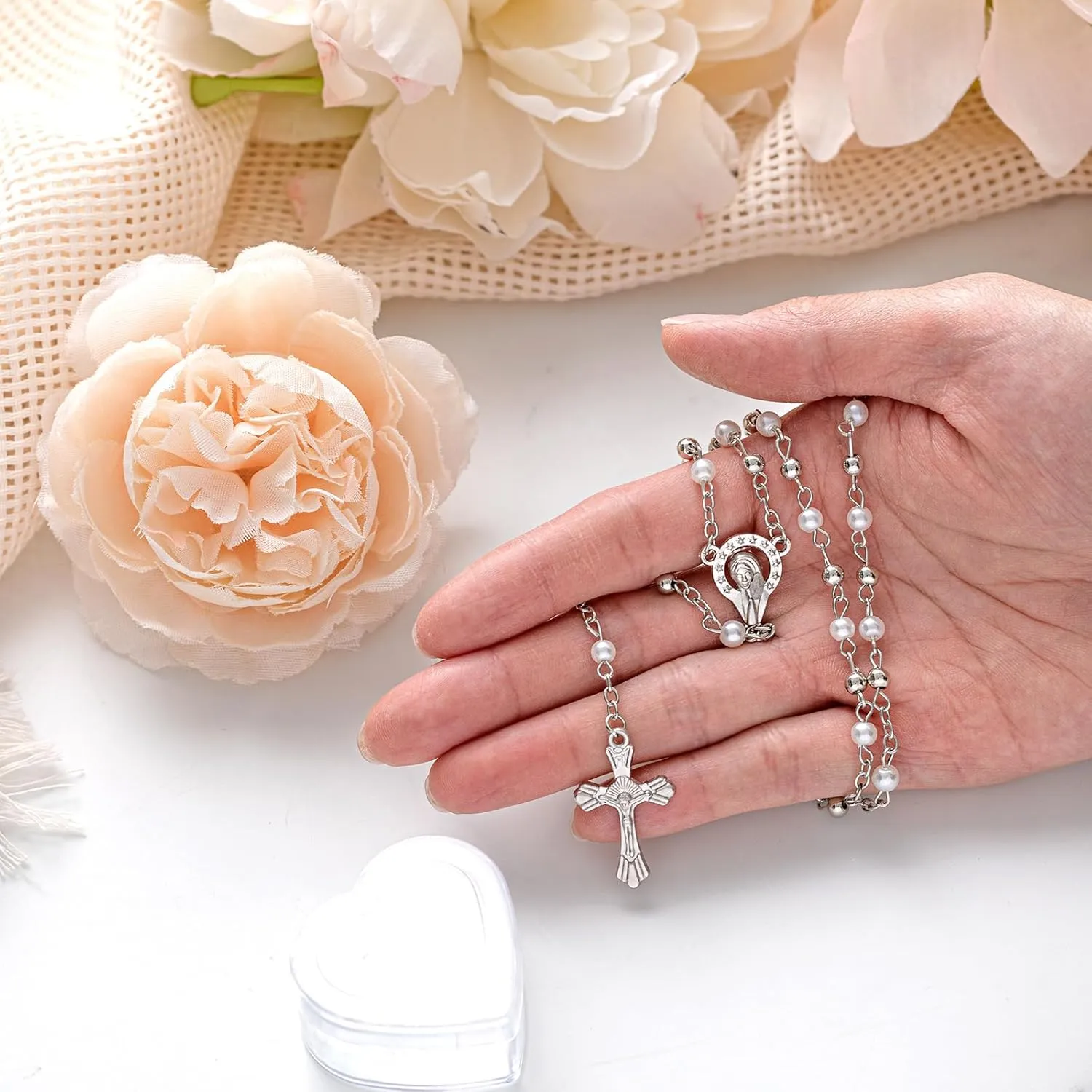 ROCEEI Catholic Rosary Necklace 4 mm Glass Beads Rosary Favors Crucifix Prayer with Faux Pearl with Heart Shaped Box and Organza Bag for First Communion Baptism