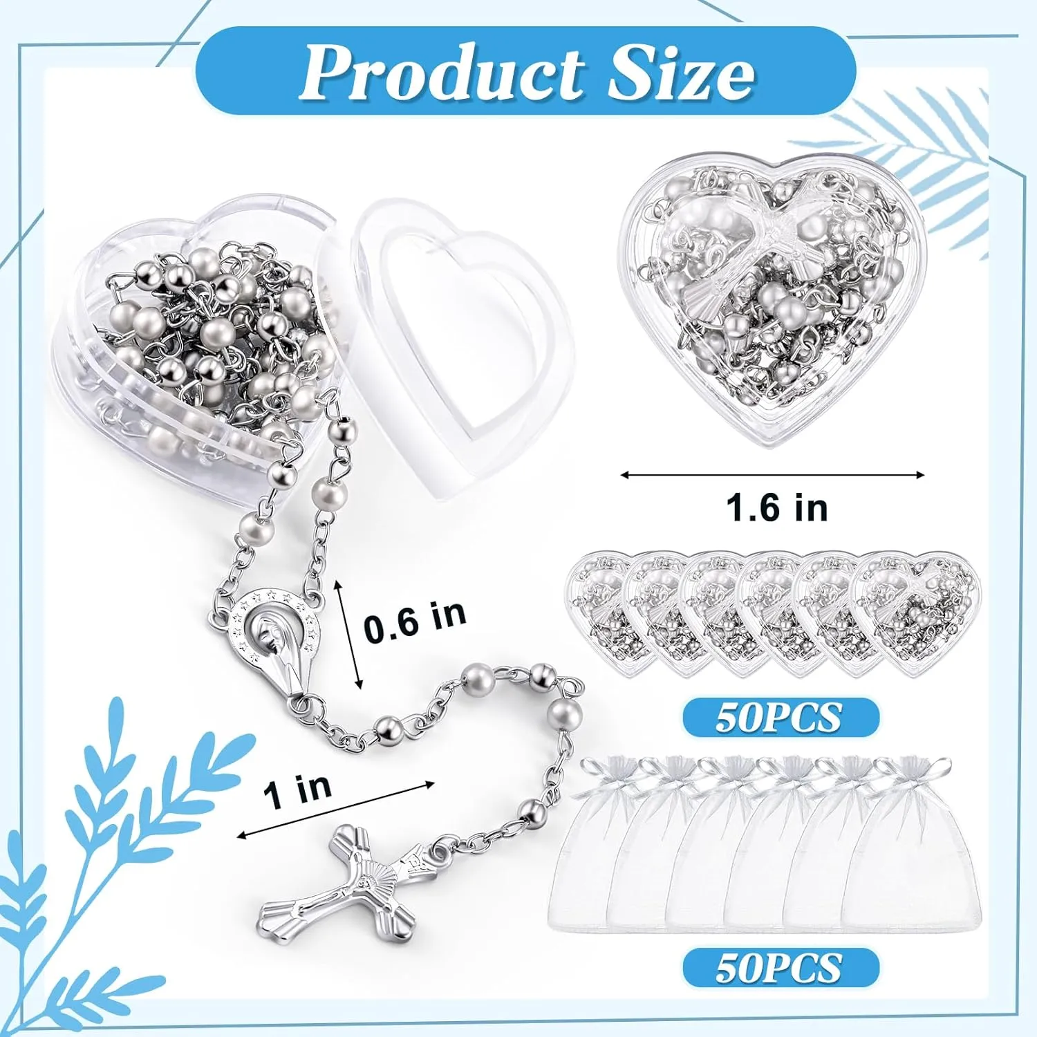 ROCEEI Catholic Rosary Necklace 4 mm Glass Beads Rosary Favors Crucifix Prayer with Faux Pearl with Heart Shaped Box and Organza Bag for First Communion Baptism