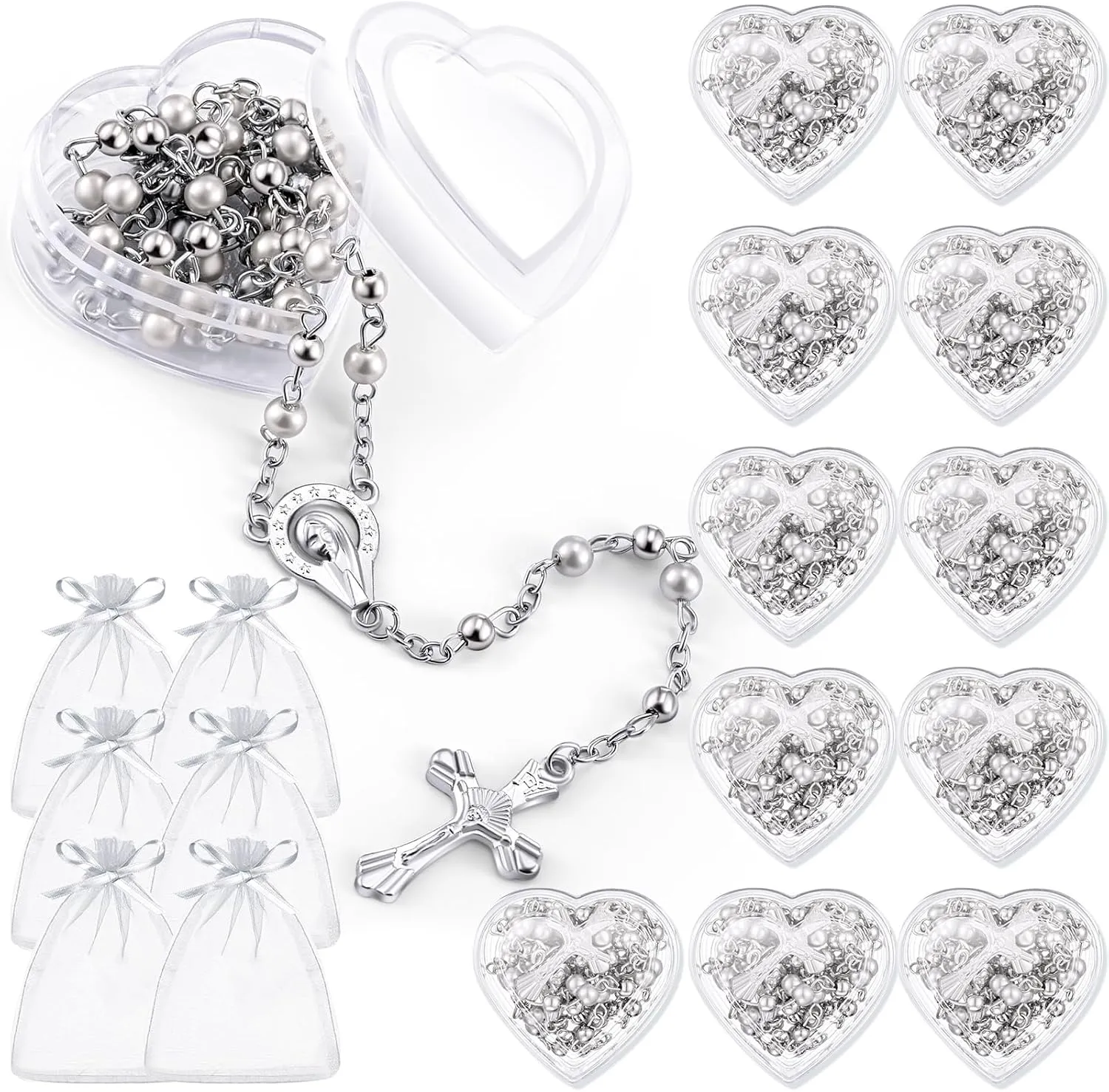 ROCEEI Catholic Rosary Necklace 4 mm Glass Beads Rosary Favors Crucifix Prayer with Faux Pearl with Heart Shaped Box and Organza Bag for First Communion Baptism
