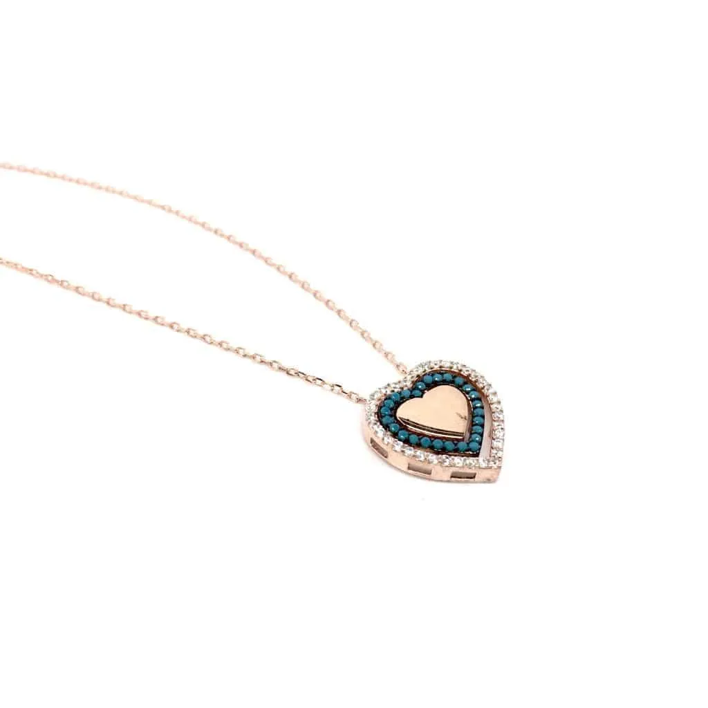 Rose Gold and Silver Cubic Zirconia Circle Heart Pendant Necklace