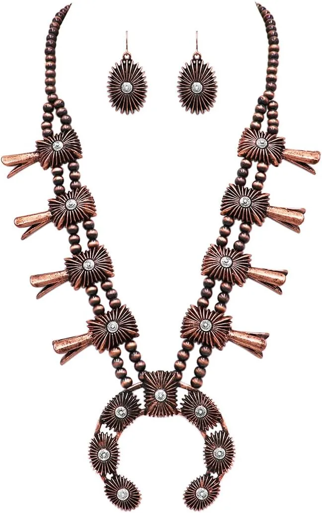 Rosemarie & Jubalee Women's Cowgirl Chic Two Tone Western Burnished Metal Squash Blossom Metallic Pearl Necklace Earrings Set, 24" 3" Extender