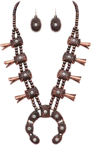 Rosemarie & Jubalee Women's Cowgirl Chic Two Tone Western Burnished Metal Squash Blossom Metallic Pearl Necklace Earrings Set, 24" 3" Extender