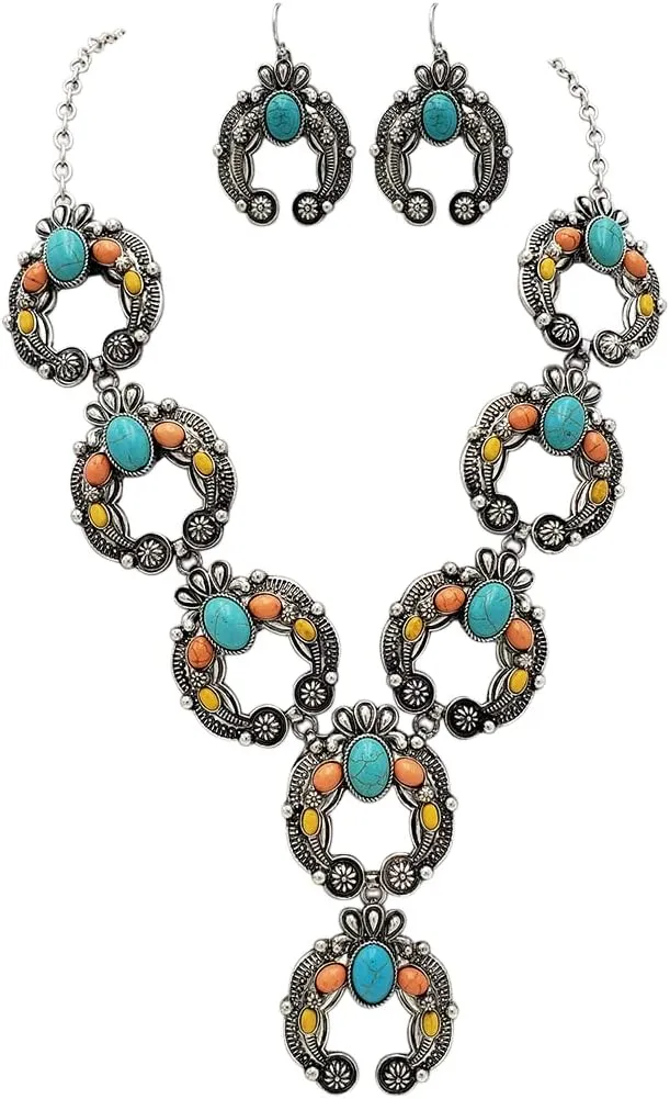 Rosemarie & Jubalee Women's Cowgirl Chic Western Style Colorful Howlite Stone Squash Blossoms Y-Drop Necklace Earrings Set, 24" 3" Extension