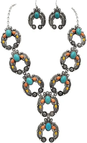 Rosemarie & Jubalee Women's Cowgirl Chic Western Style Colorful Howlite Stone Squash Blossoms Y-Drop Necklace Earrings Set, 24" 3" Extension