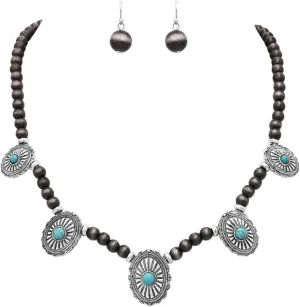 Rosemarie & Jubalee Womens Cowgirl Chic Western Style Statement Turquoise Howlite Stone Concho Pendant Necklace Earrings Set, 18" 3" Extender (5 Conchs On Navajo Pearl Bead Chain)