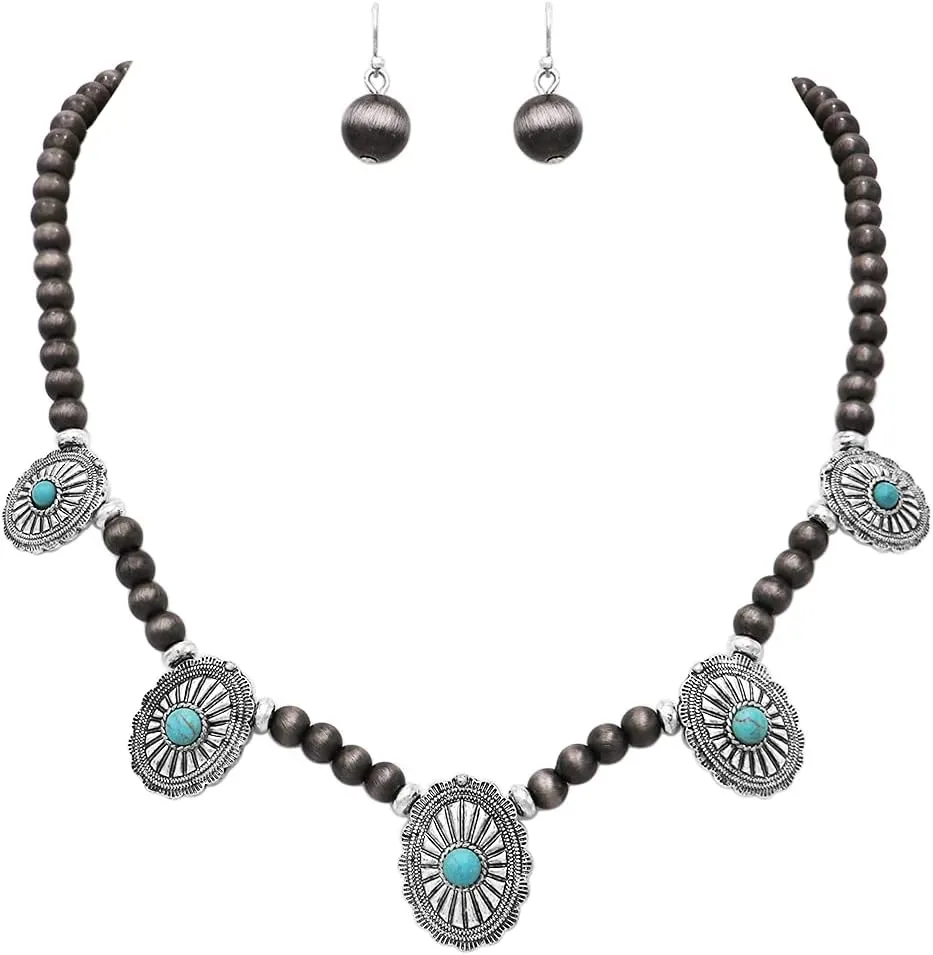 Rosemarie & Jubalee Womens Cowgirl Chic Western Style Statement Turquoise Howlite Stone Concho Pendant Necklace Earrings Set, 18" 3" Extender (5 Conchs On Navajo Pearl Bead Chain)