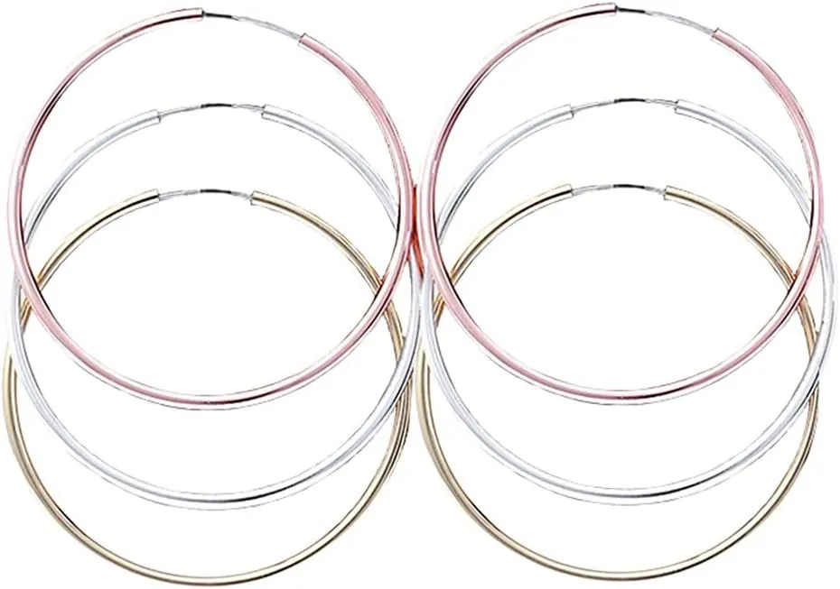 Rosemarie & Jubalee Women's Set Of 3 Polished Gold Copper And Silver Tone Chic Endless Open Wire Hoop Hypoallergenic Post Earrings, 40mm
