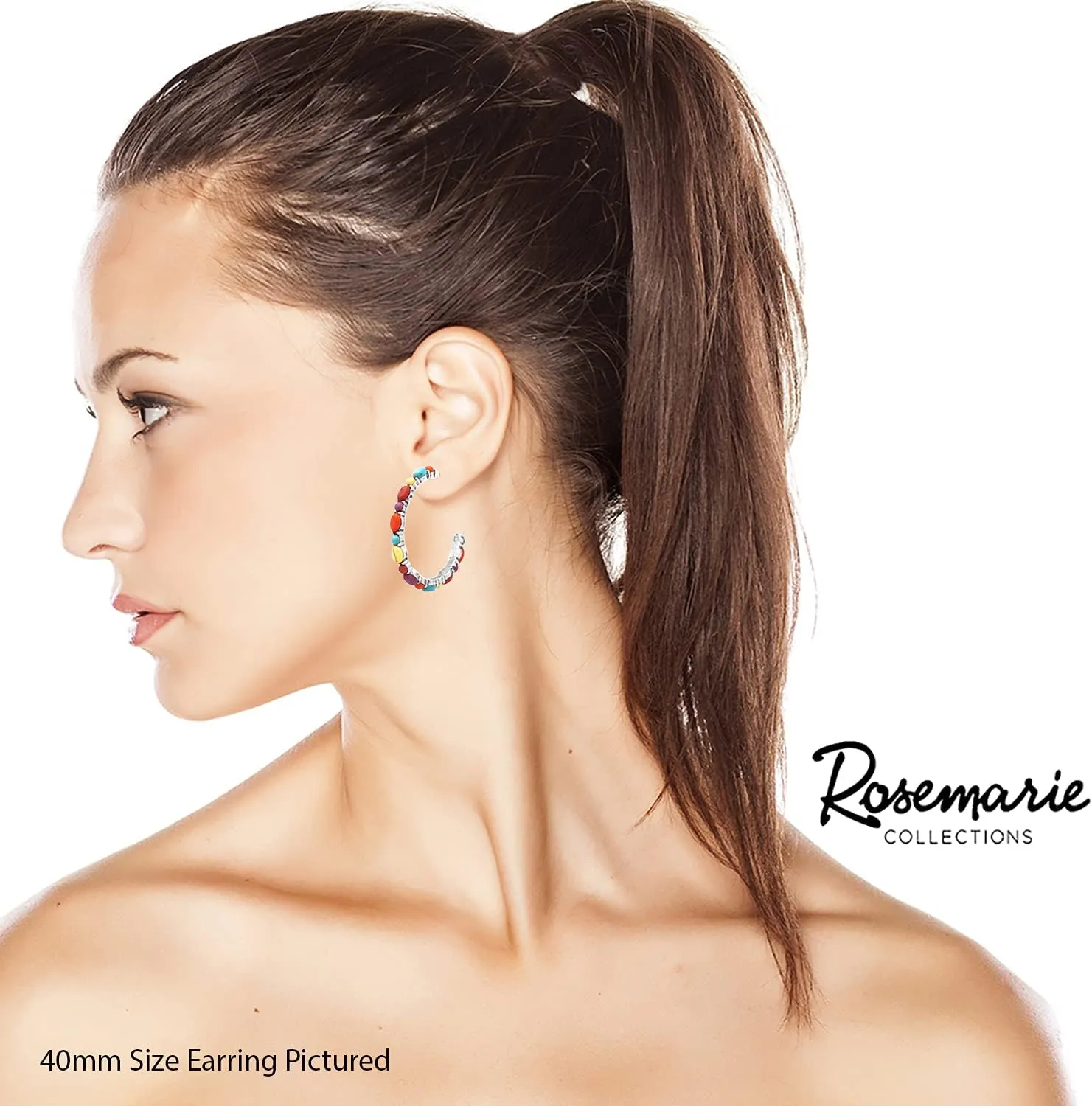 Rosemarie & Jubalee Women's Western Style Semi Precious Howlite Stone Hoop Hypoallergenic Post Earrings, 30mm-40mm