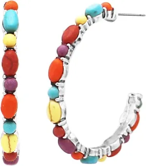 Rosemarie & Jubalee Women's Western Style Semi Precious Howlite Stone Hoop Hypoallergenic Post Earrings, 30mm-40mm
