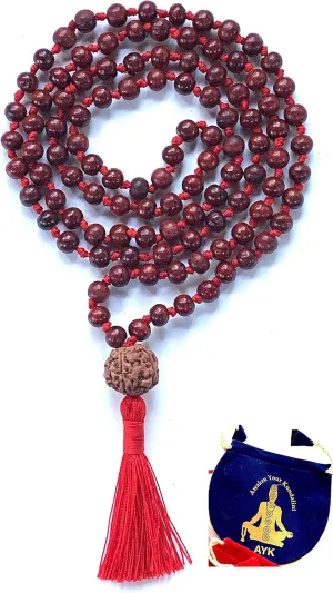 Rosewood mala beads necklace 108 buddhist prayer beads Red Sandalwood japa mala 10 Styles - Energized - w/ mala Pouch (8mm 108 1 Beads Knotted mala w/ 14mm 5 Mukhi (5 Face) Rudraksh Guru Bead)
