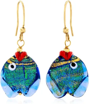 Ross-Simons Italian Blue and Green Murano Glass Fish Drop Earrings With 18kt Gold Over Sterling
