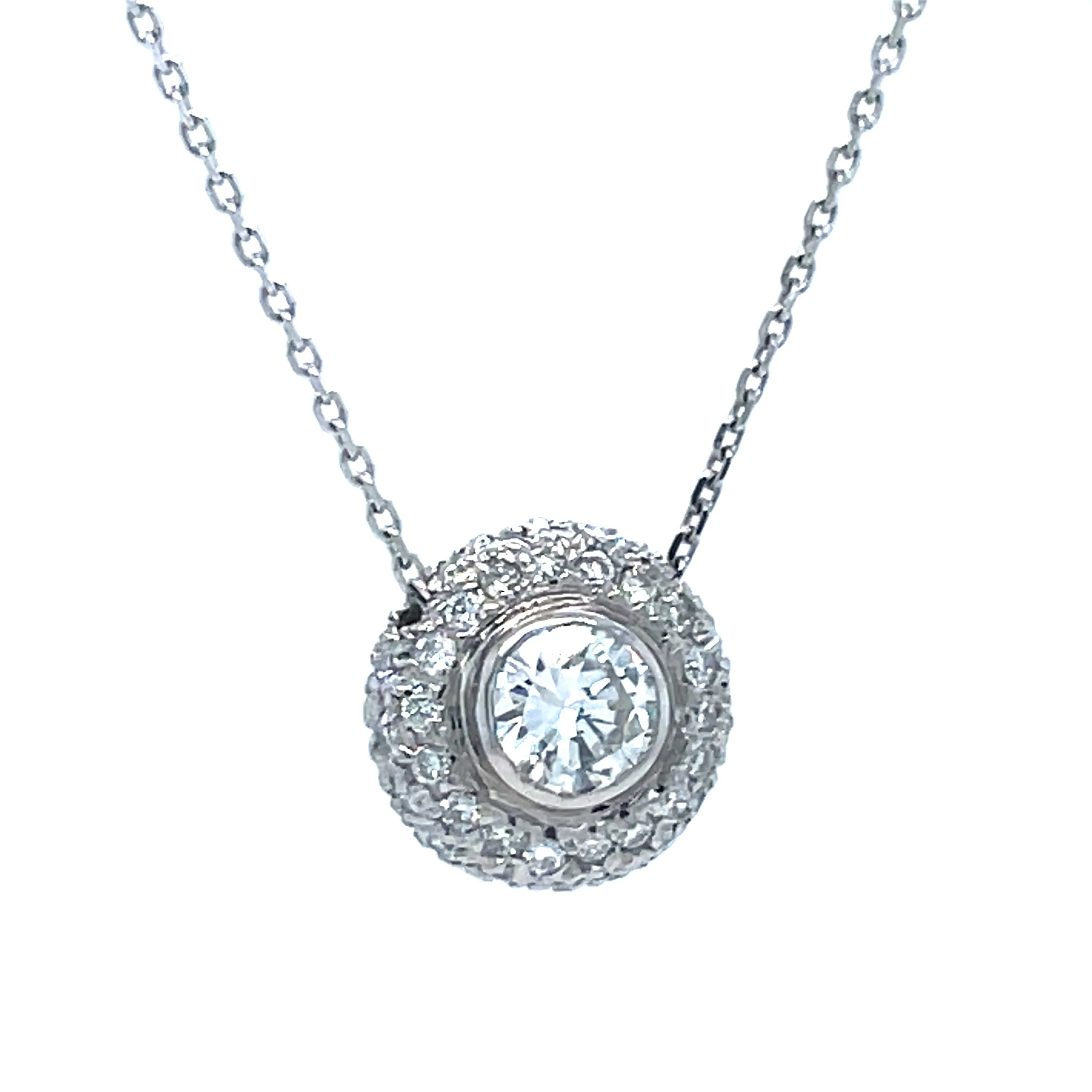 Round Diamond Solitaire Pendant Necklace 14k White Gold Pave Halo