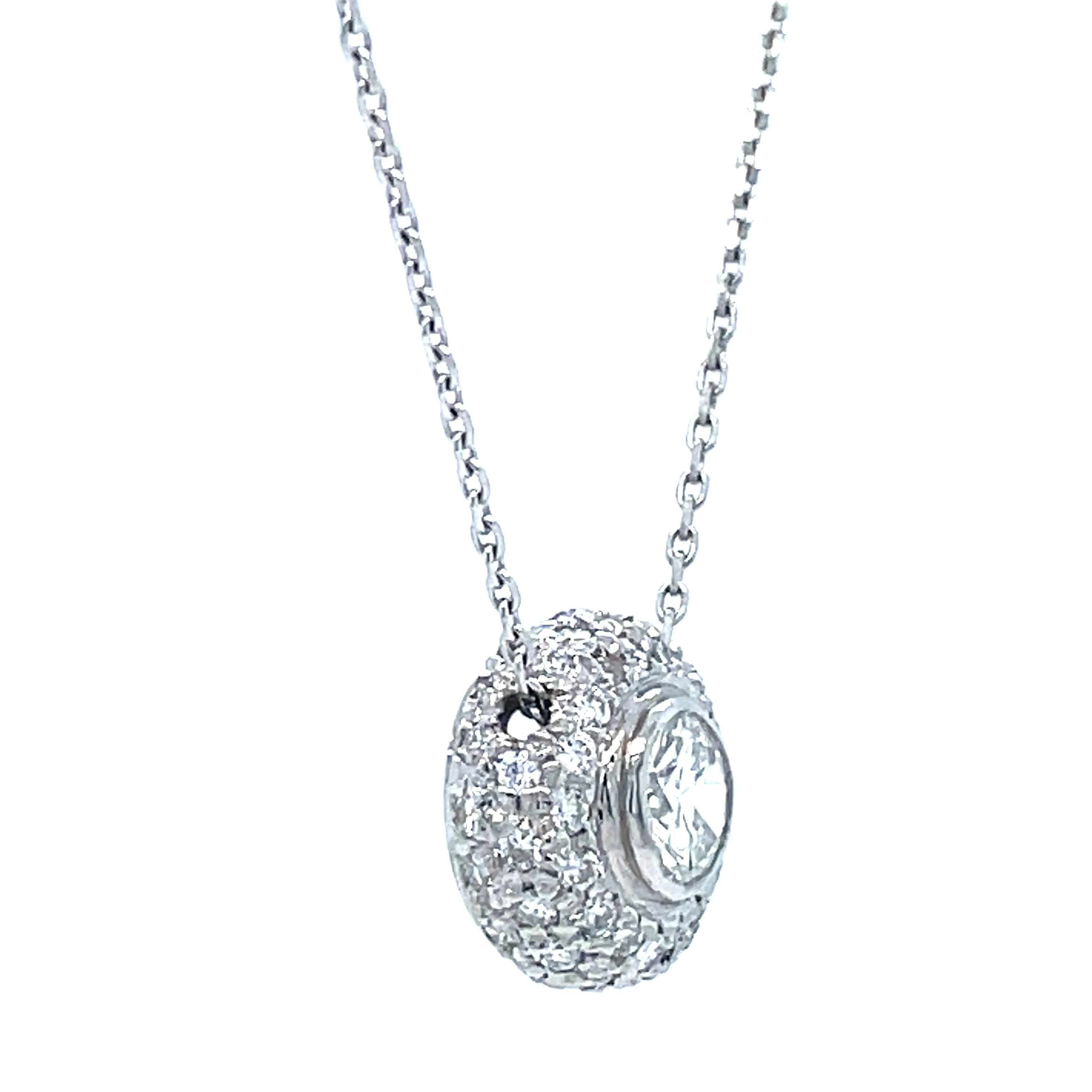 Round Diamond Solitaire Pendant Necklace 14k White Gold Pave Halo