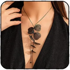 Rrdaily Long Ginkgo Leaf Y-Shape Pendant Necklace Bohemian Style Large Plant Leaves Flower Choker Necklace Summer Beach Vacation Jewelry Gift for Women