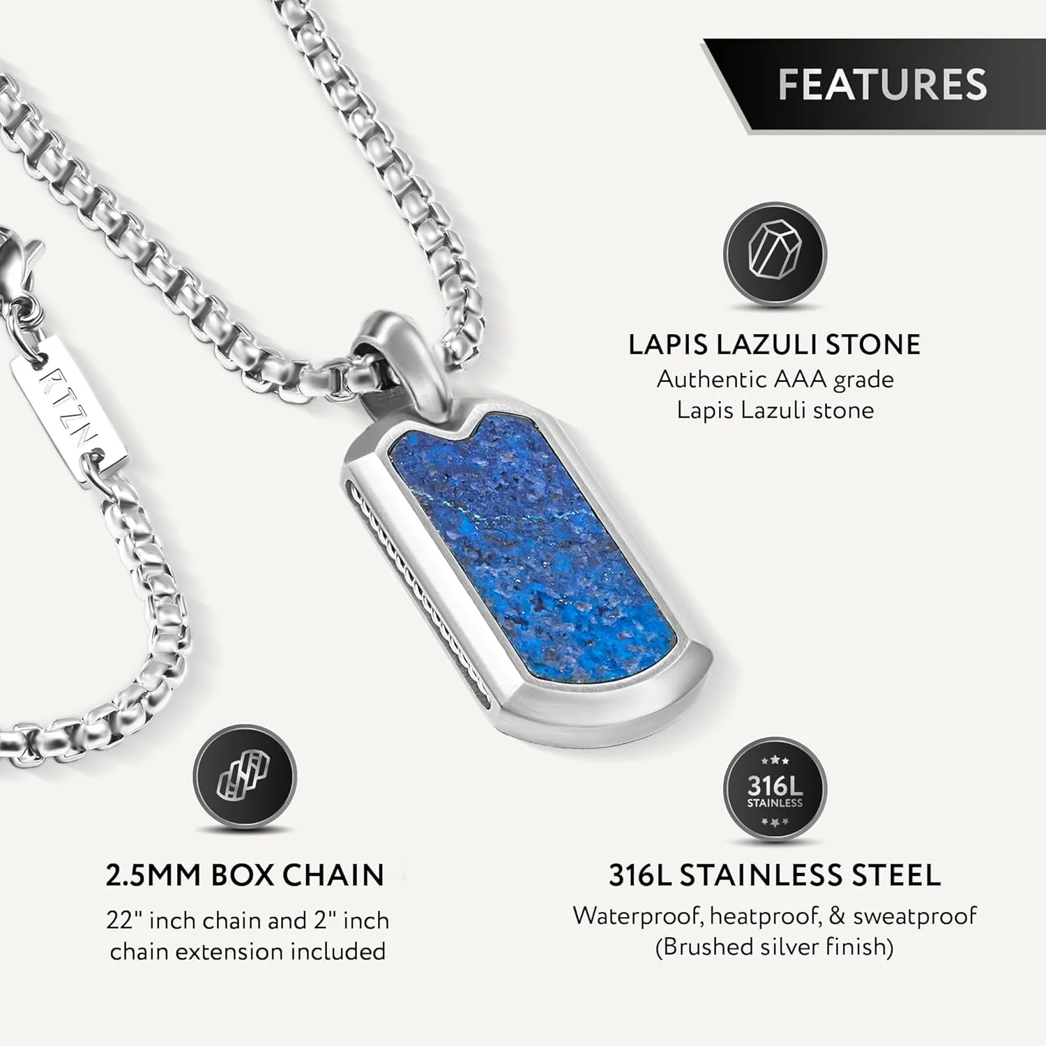 RTZN Lapis Lazuli Necklace for Men  Premium Handcrafted Lapis Lazuli Pendant Necklaces - Blue Lapis Pendant Necklace Dog Tag with Stainless Steel Chain 22" Inch   2" Extension