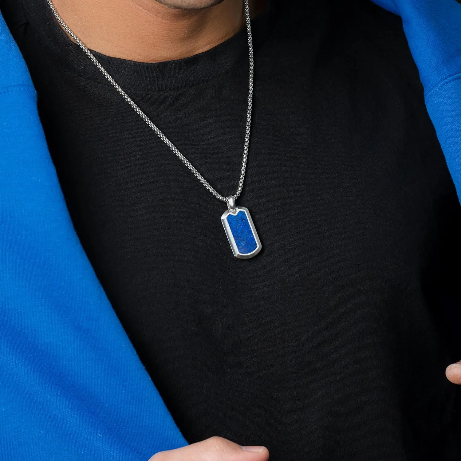 RTZN Lapis Lazuli Necklace for Men  Premium Handcrafted Lapis Lazuli Pendant Necklaces - Blue Lapis Pendant Necklace Dog Tag with Stainless Steel Chain 22" Inch   2" Extension