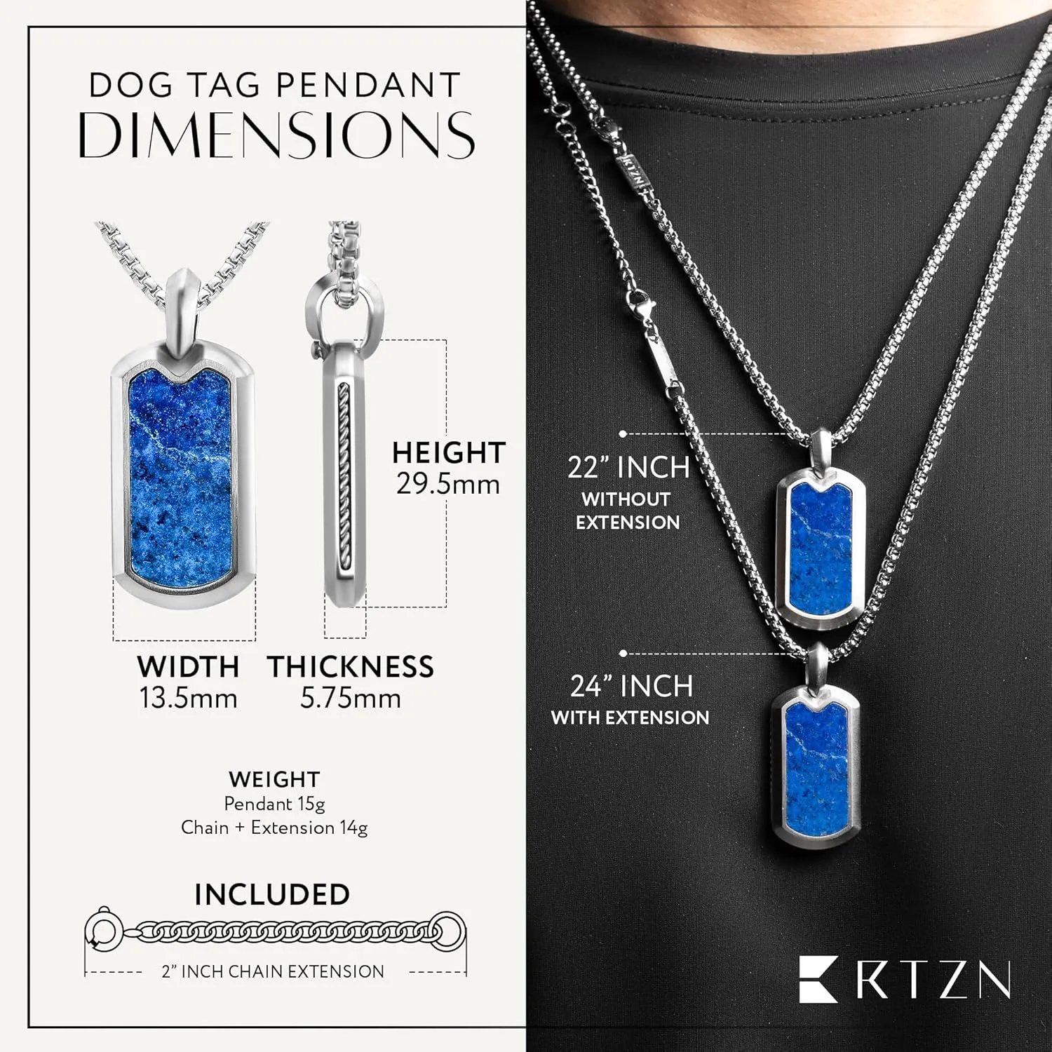 RTZN Lapis Lazuli Necklace for Men  Premium Handcrafted Lapis Lazuli Pendant Necklaces - Blue Lapis Pendant Necklace Dog Tag with Stainless Steel Chain 22" Inch   2" Extension