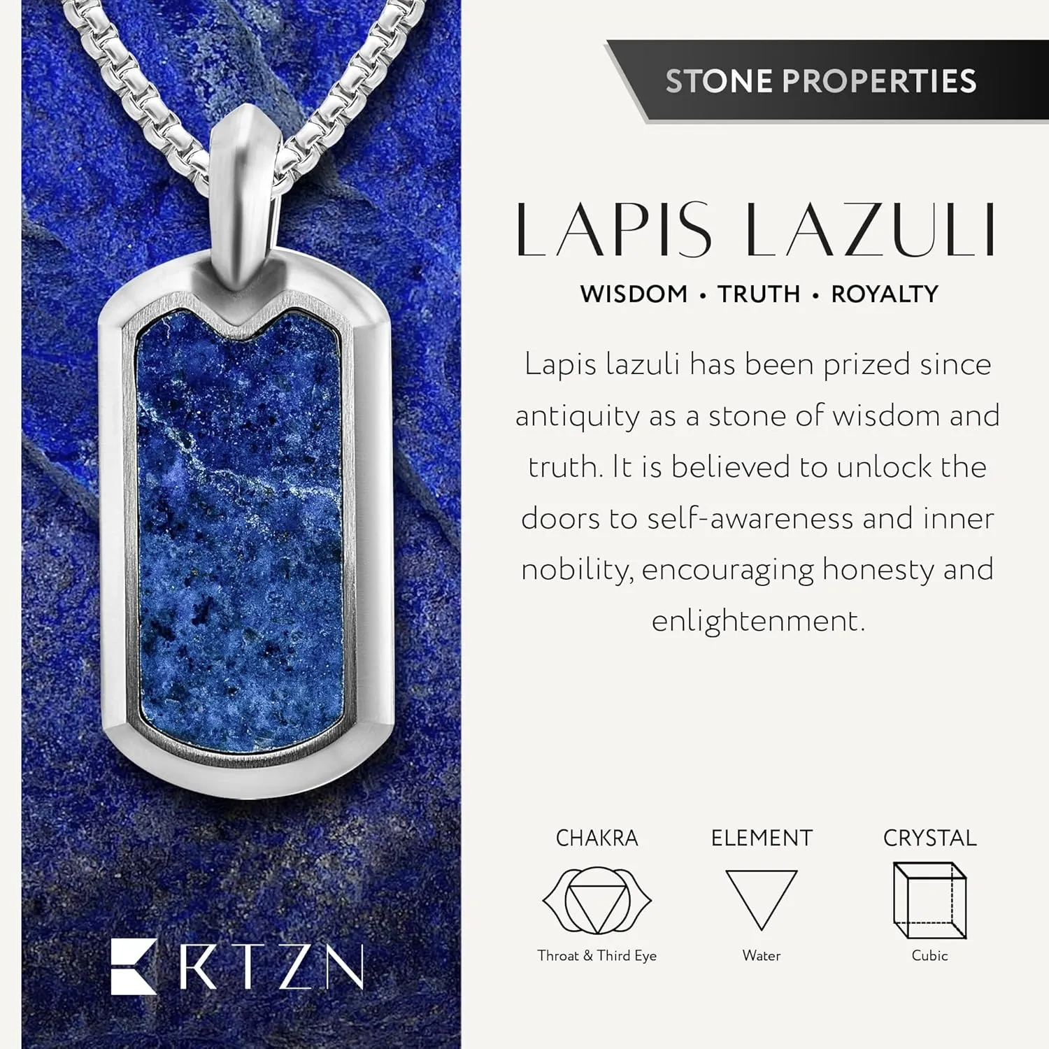 RTZN Lapis Lazuli Necklace for Men  Premium Handcrafted Lapis Lazuli Pendant Necklaces - Blue Lapis Pendant Necklace Dog Tag with Stainless Steel Chain 22" Inch   2" Extension