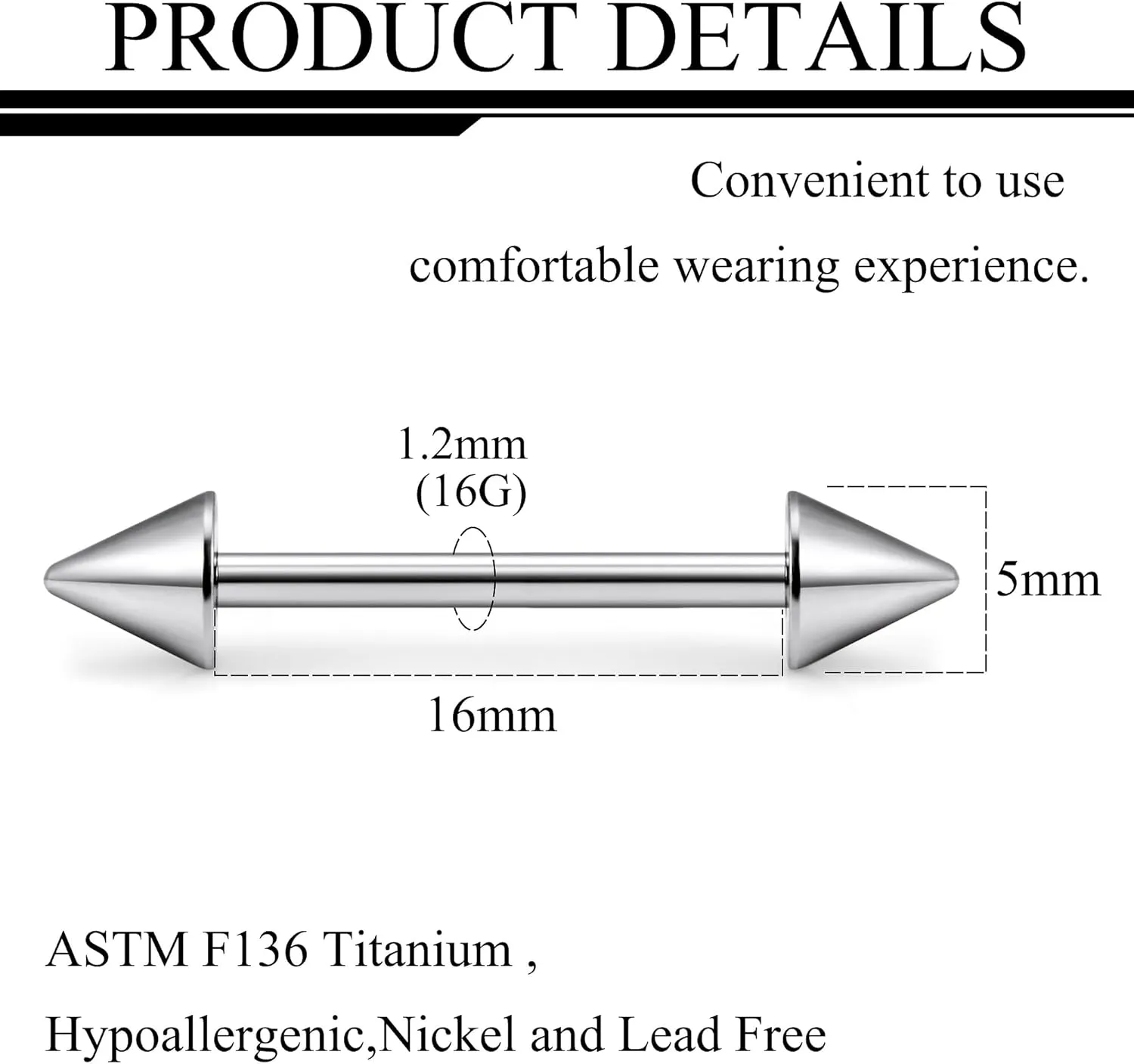 Ruifan ASTM F136 Titanium Externally Threaded Nipple Piercing Jewelry Barbell Ring Spike Tongue Rings Nipple Straight Body Piercing Jewelry for Women Men 16G 14G 12mm 14mm 16mm Cartilage Industrial