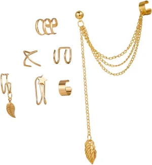 SAFIGLE Metal Ear Cuffs Non Piercing 7pcs Boho Ear Jacket Set for Women Chain Earrings