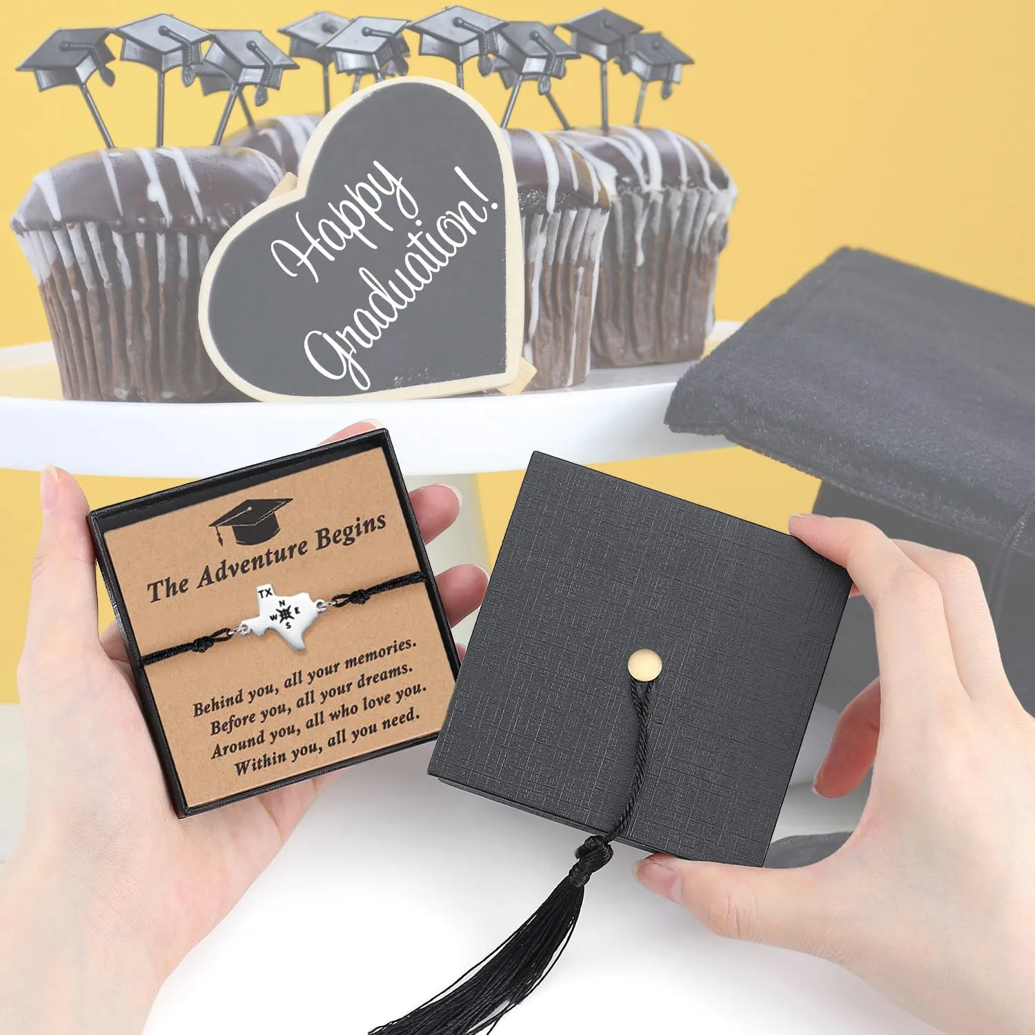 SAM & LORI Unique Graduation Gifts-State Map Compass Charm-Graduation Cap Box-Adjustable Bracelet for 5th 8th Middle School High School College Grads