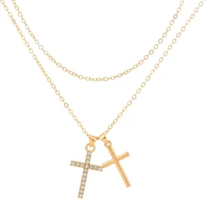 SANDOO Double Cross Necklace Gold Plated - Layered Diamond Cross Necklace,Dainty Diamond Cross Pendant Chains,Trendy Rhinestone Cross Necklace Choker,Faith Jewelry Religious Gifts for Women Men Couples
