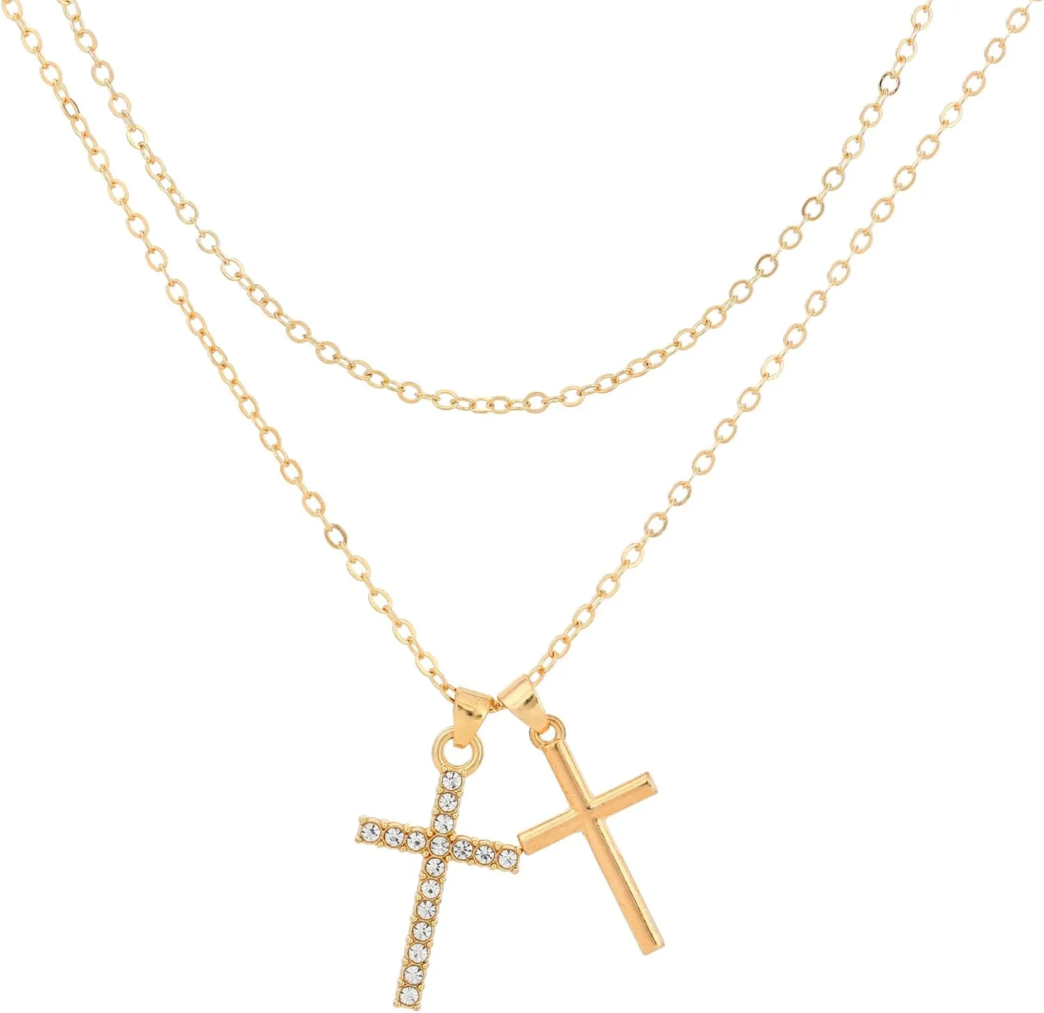 SANDOO Double Cross Necklace Gold Plated - Layered Diamond Cross Necklace,Dainty Diamond Cross Pendant Chains,Trendy Rhinestone Cross Necklace Choker,Faith Jewelry Religious Gifts for Women Men Couples