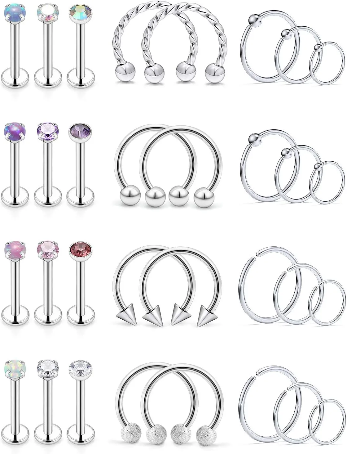 SCERRING Tragus Earrings 16g 20g Stainless Steel Opal CZ Nose Hoop Lip Rings Nail Tragus Helix Rook Cartilage Earrings Studs Ring Piercing Jewelry 32PCS