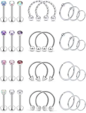 SCERRING Tragus Earrings 16g 20g Stainless Steel Opal CZ Nose Hoop Lip Rings Nail Tragus Helix Rook Cartilage Earrings Studs Ring Piercing Jewelry 32PCS