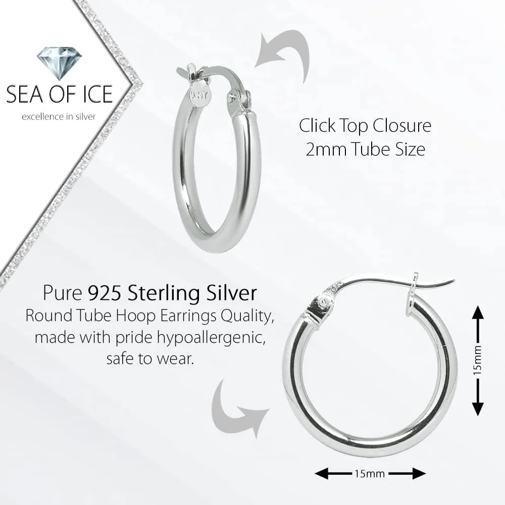 Sea of Ice Silver Round Tube Hoop Earrings for Women 925 Sterling Silver Plated  Cool and Chic Hoop Earrings  15-60mm Sterling Silver Earrings Hoops with Round-Tube Design  2mm Tube