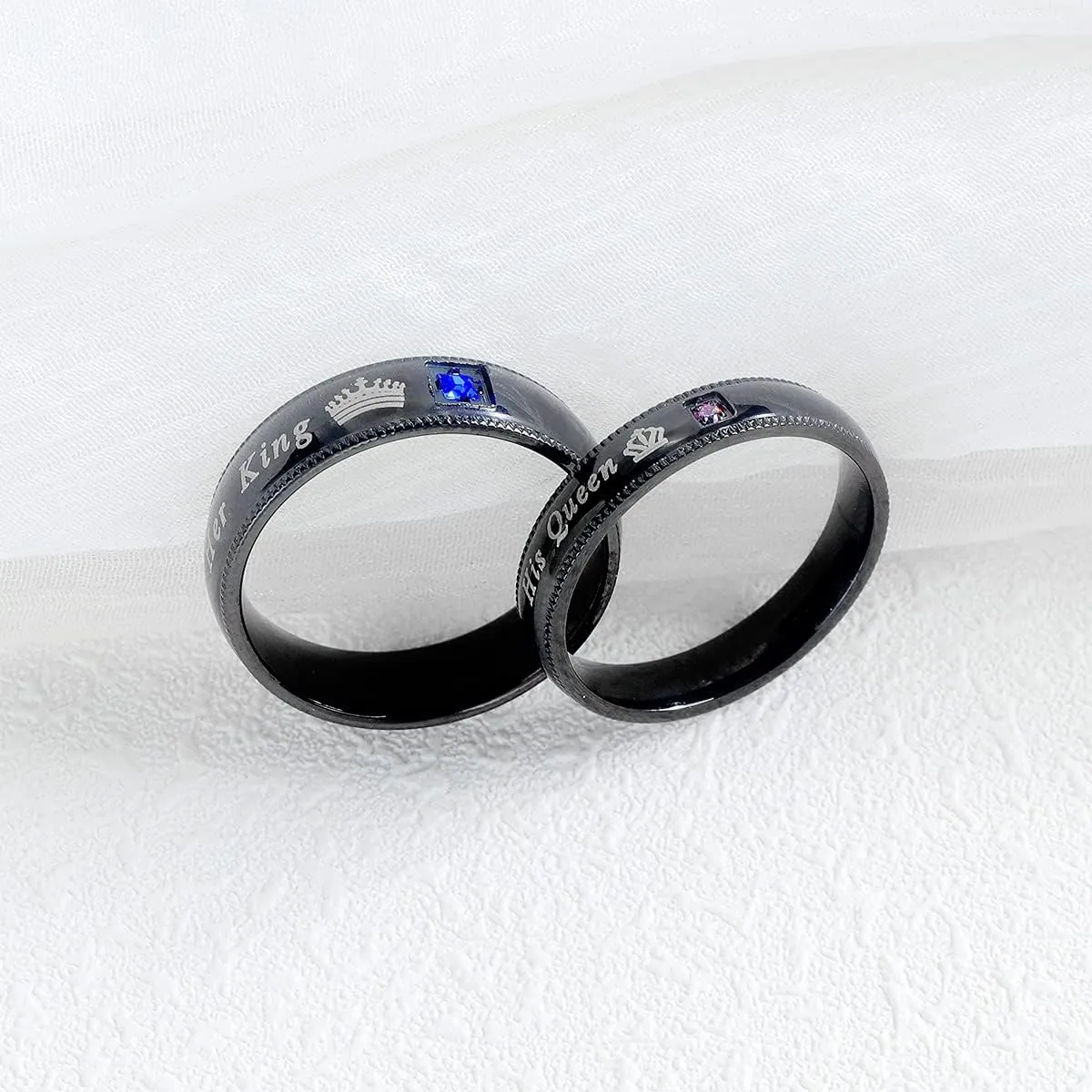 Set of 2 His Queen Her King Rings Stainless Steel Wedding Engagement Band Matching Promise Rings For Couple Anniversary Jewelry