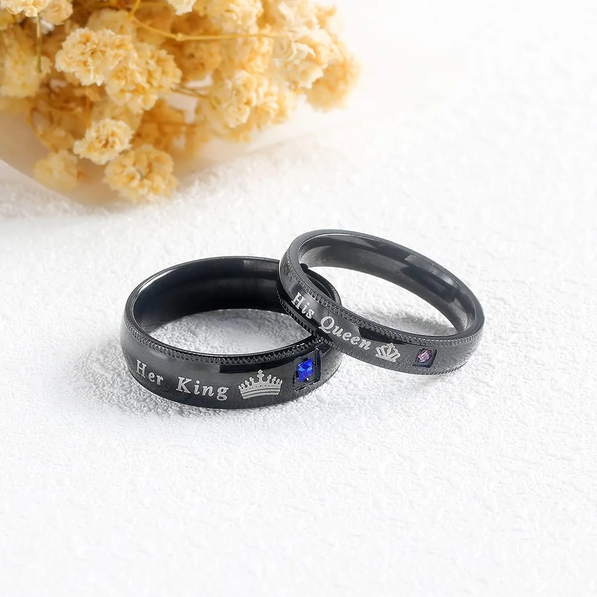 Set of 2 His Queen Her King Rings Stainless Steel Wedding Engagement Band Matching Promise Rings For Couple Anniversary Jewelry